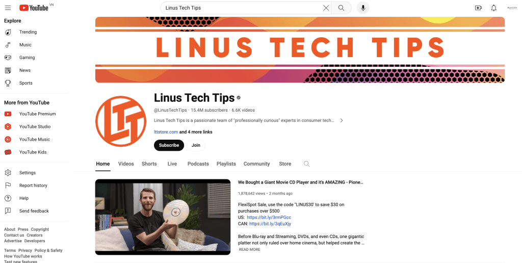The desktop layout of the "Linus Tech Tips" channel is optimized for larger screens